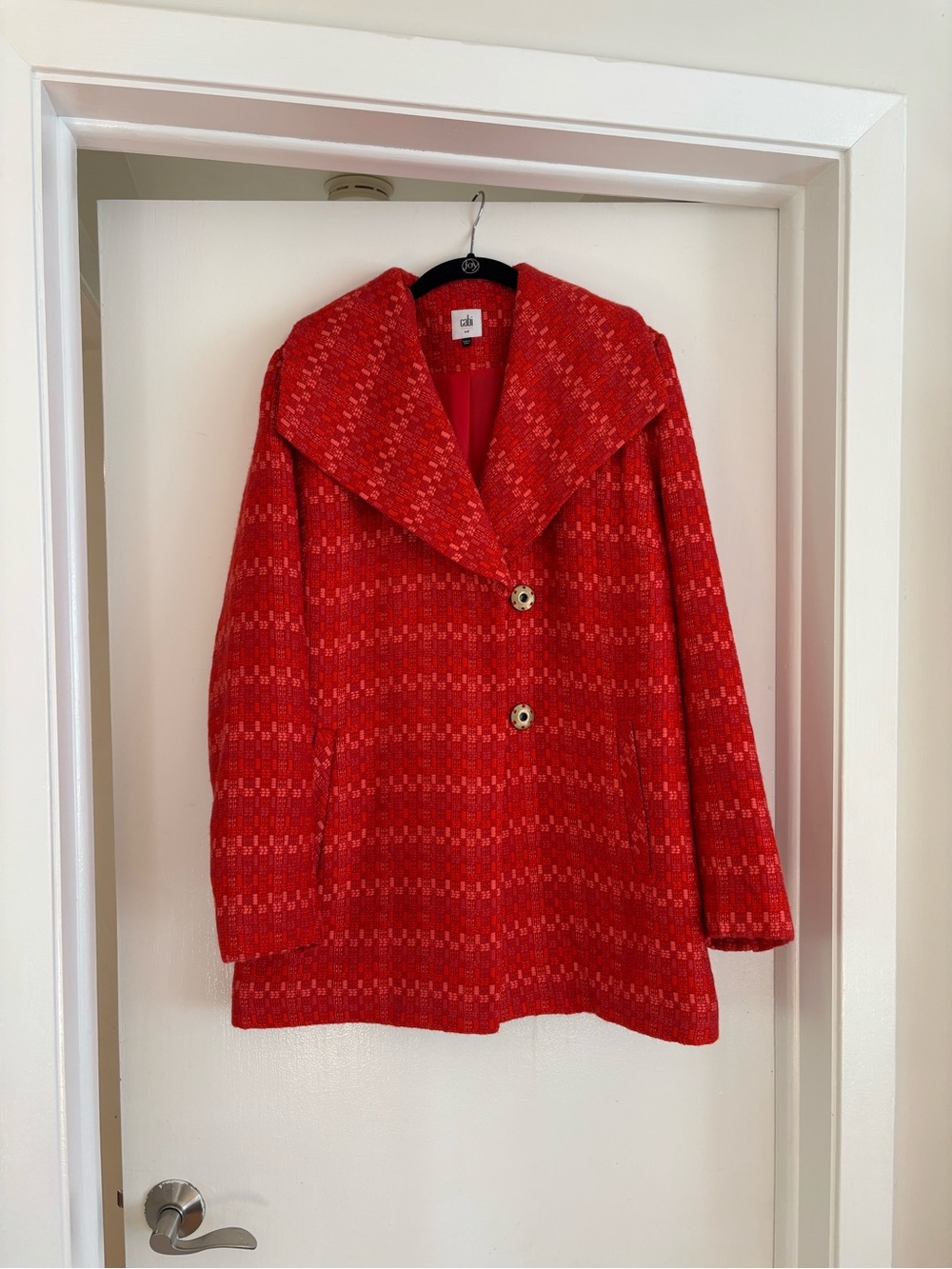 CAbi Red Textured Pea Coat with Wide Shawl Collar
